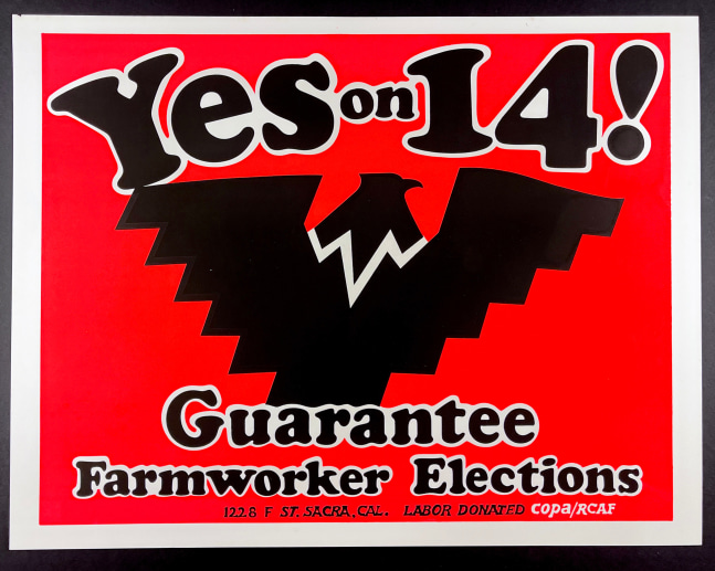 Yes on 14! Guarantee Farmworker Elections
[MEXICO - MEXICAN AMERICANS] RCAF Colectiva,&amp;nbsp;N.d. [1976]

Illustrated poster, printed in green, brown and red on commercial stock.
Approx.18&amp;quot; x 24&amp;quot;
Edition size: Unknown
$1200

Condition and provenance notes: Near fine produced for Cesar Chavez and the United Farm Workers campaign to pass Proposition 14 in California, an historic work of legislation guaranteeing migrant farm workers the right to vote on labor contracts.

Published by COPA/RCAF,&amp;nbsp;Sacramento, Calif.

INQUIRE