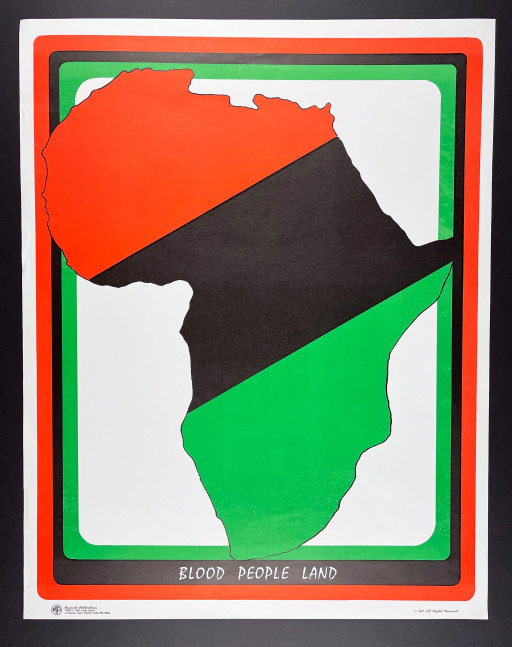 Blood, People, Land
[AFRICAN AMERICANA] artist unknown,&amp;nbsp;[1974]

Illustrated poster, lithographically printed in red, green, and black on commercial stock
Approx. 29 1/4&amp;quot; x 23&amp;quot;
Edition size: Unknown
$650

Condition and provenance notes: Very good overall, with minimal handling marks. A classic design in the universal colors of Afrocentrism

Published by&amp;nbsp;2La Puente, CA: Monarch Publications

INQUIRE