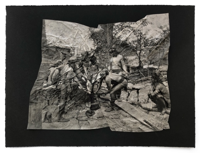 Afterimages (Deflection of Vision)
Stephanie Syjuco, 2021

Photogravure printed on gampi mounted on Somerset black 280 gram cotton rag;
re-edited photograph of an ethnological display of Filipinos from the 1904 St. Louis World&amp;rsquo;s Fair
Image: 20&amp;quot; x 16&amp;quot;; Sheet: 24&amp;quot; x 18&amp;quot;
Crumpled/folded gampi is proud by 1/8&amp;rdquo; from back mounted layer
Edition of 20 plus 8 proofs
$4500

Printed by Paul Mullowney and Harry Schneider, Co-published by BOXBLUR, Catharine Clark Gallery, and Mullowney Printing, San Francisco, CA and Portland

PURCHASE