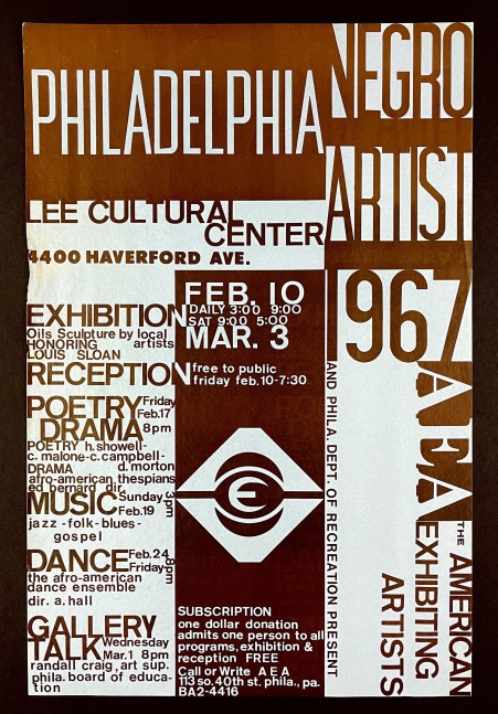 Philadelphia Negro Artists 1967
[AFRICAN AMERICANA] artist unknown,&amp;nbsp;1967

Illustrated poster, lithographically printed in brown ink on thin blue commercial stock.
Approx. 18 x 12 in.
Edition size: Unknown
$900

Condition and provenance notes: Tiny nicks and a little toning to one small spot on the left margin, else near fine. Advertises an exhibition of art at the Lee Cultural Center in February and March, 1967.

Published by&amp;nbsp;American Exhibiting Artists and&amp;nbsp;Philadelphia Department of Recreation

INQUIRE