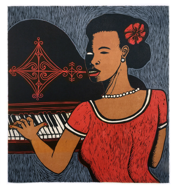 The Queen of the 88s from &amp;ldquo;Copacetic&amp;rdquo;
Alison Saar,&amp;nbsp;2021

Works from &amp;ldquo;Copacetic&amp;rdquo; are multi-block linocuts on handmade Japanese Hamada kozo paper, inked by hand and editioned on Mullowney Printing&amp;#39;s Dufa Manual Offset Lithography Press
19.5&amp;quot; x 18&amp;quot;
Edition of 20, plus 5 artist proofs
Signed and numbered on the recto in pencil
$2400

Published by Mullowney Printing, San Francisco

PURCHASE