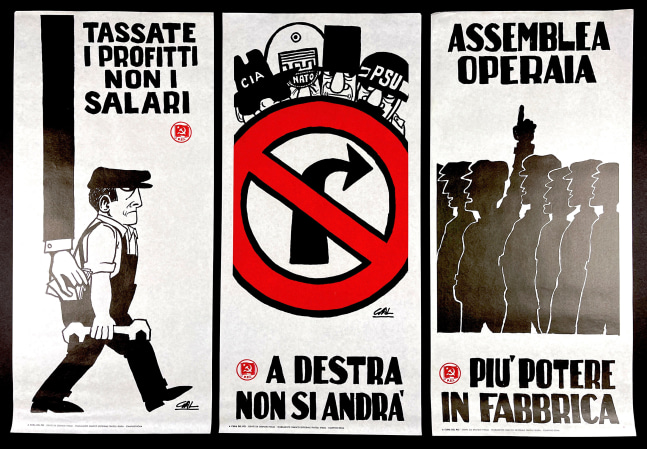 Collection of six posters, ca. 1968, for the Italian Communist Party
GAL (Gino Galli),&amp;nbsp;[1968]

Illustrated posters, lithographically printed in red and black on semi gloss translucent commercial stock
Approx. 27.5&amp;quot; x 13&amp;quot;
Edition size: Unknown
$1800

Condition and provenance notes: Very good overall, to near fine. Original posters from the student protests of 1968. This lot acquired from a private collection in California.

Published by Fratelli Spada for Partito Comunista Italiano

INQUIRE
