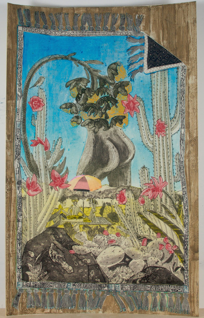In the Desert: Mooning
Paula Wilson, 2016

Collagraph on muslin from two plates, handprinted collage on muslin and inkjet collage on silk,
mounted on canvas and wood
69 1/2&amp;quot; &amp;times; 43 3/4&amp;quot;
Edition of 10

Printed by Tom Reed, Master Printer Island Press

INQUIRE