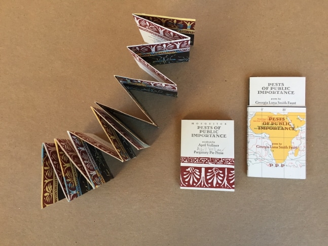 Pests of Public Importance
April Vollmer, 2016

Letterpress printed, hand set type, wood cut&amp;nbsp;on Sea Charts, 26 on Japanese paper
3&amp;quot; x 2.25&amp;quot; x 3/16&amp;quot;
Edition of 100&amp;nbsp;
$100

Printed by&amp;nbsp;Purgatory Pie Press- Dikko Faust, printer, Esther K Smith, structure + design; poem by Georgia Luna Smith Faust

PURCHASE