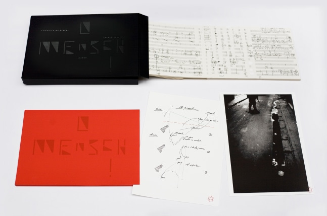 O Mensch!
Pascal Dusapin, 2011

Musical creation on Friedrich Nietzsche&amp;rsquo;s poetry, performed on November 15th, 2011 at the
Th&amp;eacute;&amp;acirc;tre des Bouffes du Nord in Paris
Art box conceived by Philippe Apeloig
10&amp;quot; x 13.7&amp;quot; x 1&amp;quot;

Edition of 133 which includes the facsimile of Pascal Dusapin&amp;rsquo;s original music score, as well as a portfolio of nine documents:
- 111 numbered and signed copies. The 30 first come with an original photograph of Pascal Dusapin, signed for the patrons
- 11 numbered artist proofs, signed and annotated &amp;lsquo;ea&amp;rsquo; (&amp;lsquo;&amp;eacute;preuves d&amp;rsquo;artistes&amp;rsquo;)
- 11 proofs &amp;lsquo;hors commerce&amp;rsquo; numbered, signed and annotated &amp;lsquo;hc&amp;rsquo;
$1400 (Pre-tax)

Printed and published by Idem Paris

INQUIRE