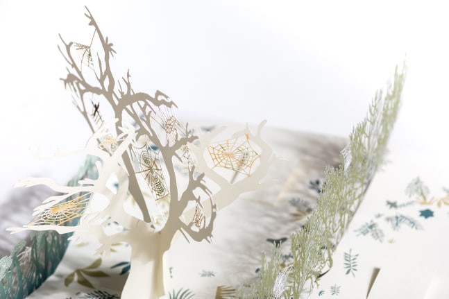 From Arachnophobia to Arachnophilia: Venice Tree
Tom&amp;aacute;s Saraceno, 2021

Artist&amp;rsquo;s book, with five hand-cut paper pop-up scenes&amp;nbsp;
Page spread: 23.4&amp;quot; x 16.5&amp;quot;
Edition of 125 + 40 artist and collaborator copies

Papercutting by Chisato Tamabayashi, London; sewing by Studio Tom&amp;aacute;s Saraceno, Berlin

INQUIRE