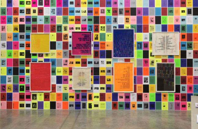 John Giorno&amp;#39;s early silkscreen prints mounted on wall filled with&amp;nbsp;John Giorno Archives&amp;nbsp;reproductions for&amp;nbsp;I &amp;hearts; John Giorno, Palais de Tokyo, 2015