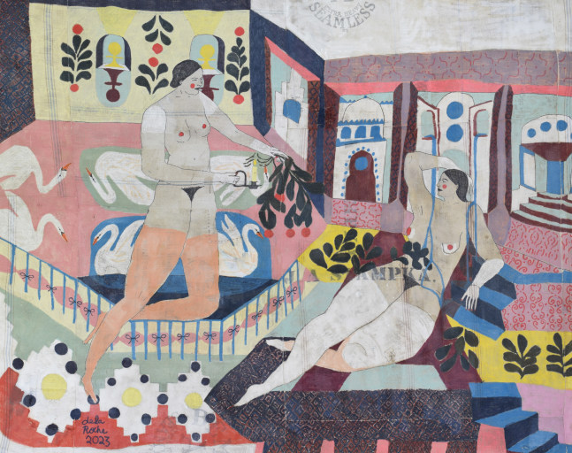 Lauren&amp;nbsp;dela Roche

Weaver Pawn, 2023

acrylic on found cotton feedsack with acrylic varnish

54h x 68w in

137.16h x 172.72w cm

LDRO009