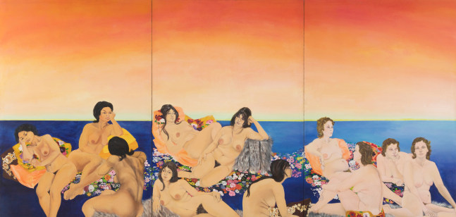 Martha Edelheit
Women in Landscape, 1966&amp;ndash;68
acrylic on canvas, in three panels&amp;nbsp;
98h x 202 1/2w in
248.92h x 514.35w cm
MEDE141