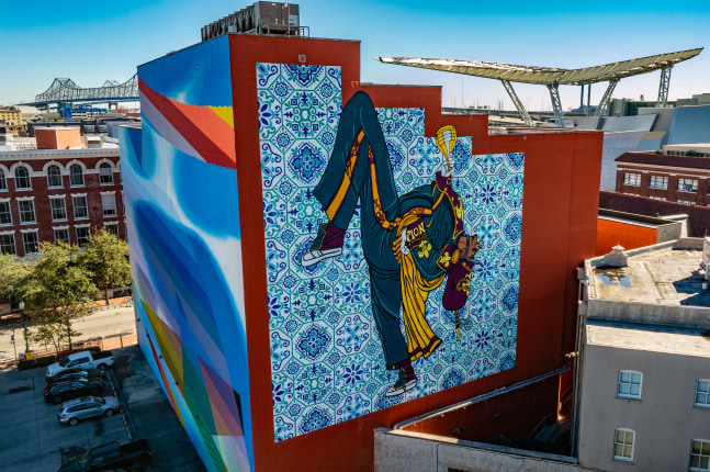 Drone image of Keith Duncan&amp;#39;s &amp;quot;Drum Major of NOLA&amp;quot; mural at The Ogden Museum of Southern Art.
Photo by: Crista Rock