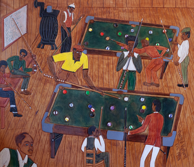 Winfred Rembert
Title Unknown [Pool Hall], 1998
Acrylic paint on carved and tooled leather
25.25 x 29.25 in