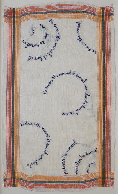 He Knows The Moment, 2018
Embroidery on vintage linen tea towel
30 x 18.5&amp;nbsp;inches
&amp;nbsp;