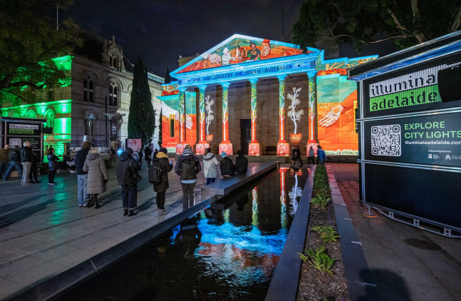 Illuminate Adelaide featuring &amp;#39;Going Out Bush&amp;#39; by Vincent Namatjira, Art Gallery of South Australia; Courtesy the artist and Iwantja Arts. Photo: Saul Steed