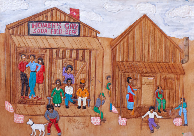 Winfred Rembert
Homer's Cafe, 1999
Acrylic paint and marker on carved and tooled leather
13.25 x 18.75 in