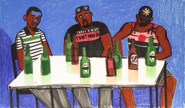 Zoya Cherkassky
Three Biafrans Drinking Beer, 2019
Markers and wax crayons on paper
11 x 18.5&amp;nbsp;inches