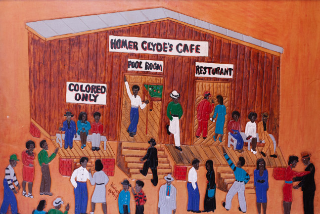 Winfred Rembert
Homer Clyde's Cafe, 2008
Acrylic paint and marker on carved and tooled leather
25 × 36 in