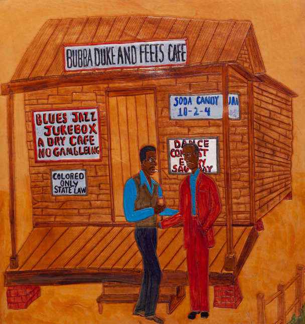 Winfred Rembert
Bubba Duke and Feet's Cafe, 1997
Acrylic paint and marker on carved and tooled leather
28.25 x 26.25 in