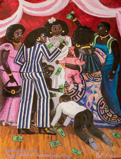 A painting of a celebration where money is being thrown