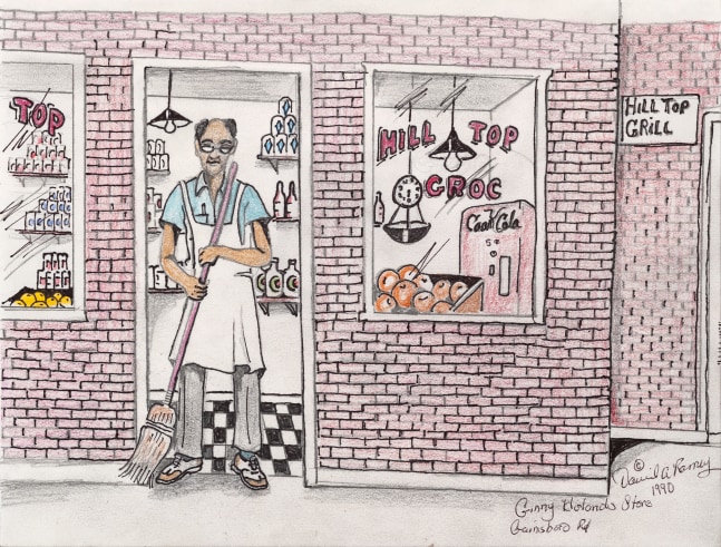 An ink graphite and colored pencil drawing that displays a man brooming a shop called, Hill Top Grill.