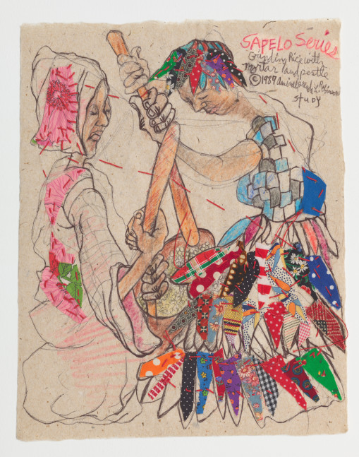 Aminah Brenda Lynn Robinson
Grinding Rice with Mortar and Pestle
1989
12.5 x 9.5 in.
Colored pencil, pen, fabric, and beads, on paper

&amp;nbsp;