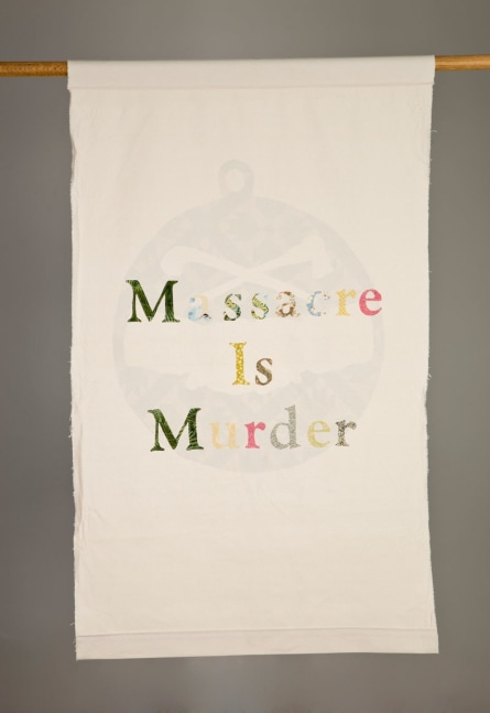 Gina Adams
Massacre is Murder, 2014
Painters canvas, calico fabric, thread
3 x 5 feet
Courtesy of the Artist and Fort Gansevoort