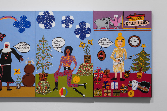 Kaylene Whiskey,&amp;nbsp;

Seven Sistas  2018,&amp;nbsp;

synthetic polymer paint on canvas&amp;nbsp;

8 panels: 182.0 x 469.0 (overall)&amp;nbsp;

Installation view, Australian Centre for Contemporary Art, Melbourne, 2018&amp;nbsp;

Courtesy the artist, Iwantja Arts, Indulkana, and blackartprojects, Melbourne&amp;nbsp;

Photograph: Andrew Curtis&amp;nbsp;