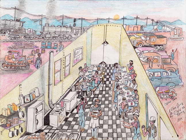 An ink graphite, and colored pencil drawing on paper that illustrates people eating, cars passing by, and a train.