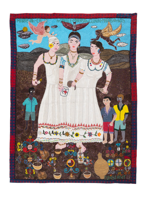 Myrlande Constant
Marasah-Cai Leh-Cr&amp;eacute;ole-Marasah-Guinin-Marasah-bois
Date unknown
Beads and sequins on fabric
74 x 55.25 inches