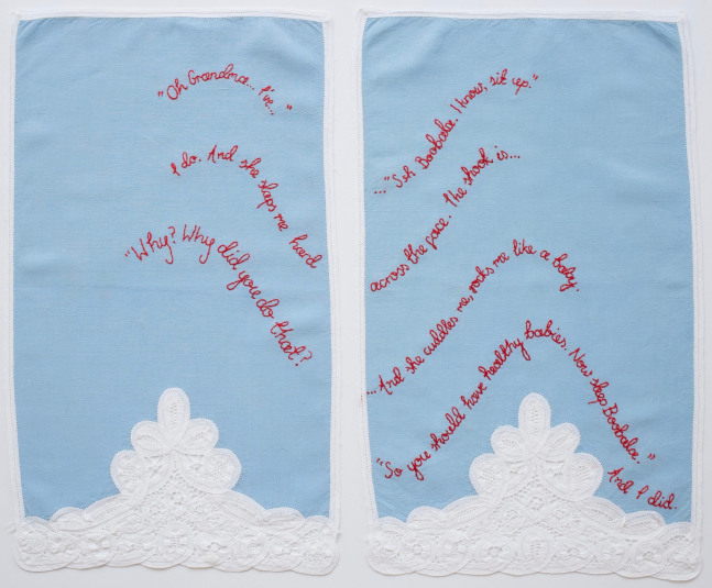 Ssh Boobala, 2019
Embroidery on vintage linen tea towels
18.5&amp;nbsp;x 22 inches