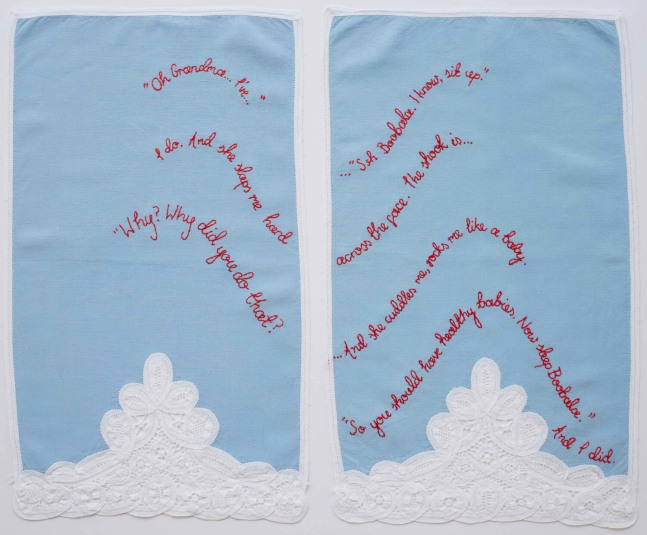 Zo&amp;euml; Buckman
Ssh Boobala, 2019
Embroidery on vintage linen tea towels
18.5&amp;nbsp;x 22 inches
22&amp;nbsp;x 25.5&amp;nbsp;inches