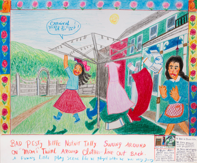 Bad pesty little Notnit Tally Swung around on &amp;quot;Mom&amp;#39;s&amp;quot; twirl around clothes-line out Back, 1993
Colored pencil, ballpoint pen, and crayon on paper
14 x 17 inches