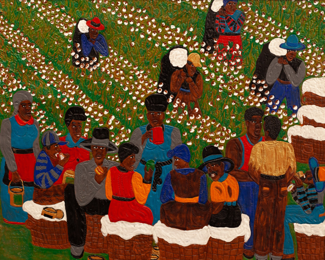 Dinnertime in the Cotton Field, 2011
Acrylic paint on carved and tooled leather
26 x 31.5 inches