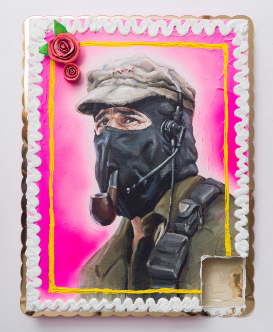 &amp;iexcl;Ya basta! Tres Leches Cake (Subcomandante Marcos), 2018
Heavy body acrylic, acrylic, airbrush, and ceramic cake roses on panel with gold mirror plex
26 x 20 x 3 inches