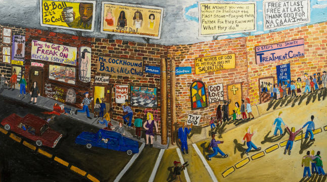 Standing At The Fork In The Road At Temptation and Salvation, 1997
Acrylic on Textured Canvas
51 x 91 inches