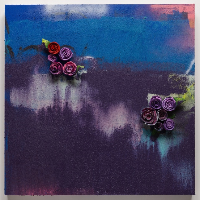 Purple Roses, 2018
Stucco, ceramic, acrylic paint, spray paint and latex house paint on panel
36 x 36 x 3.5&amp;nbsp;inches