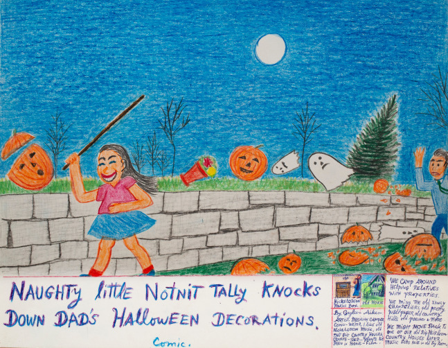 Naughty little Notnit Tally knocks down Dad&amp;#39;s Halloween Decorations, c. 1995
Colored pencil, ballpoint pen, and crayon on paper
11 x 14 inches