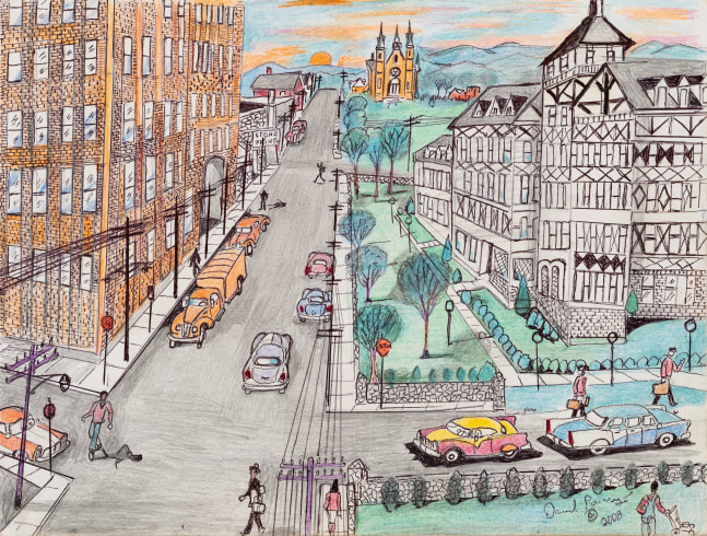 A vibrant ink graphite and colored pencil drawing that displays varying architectural buildings, people, and cars.