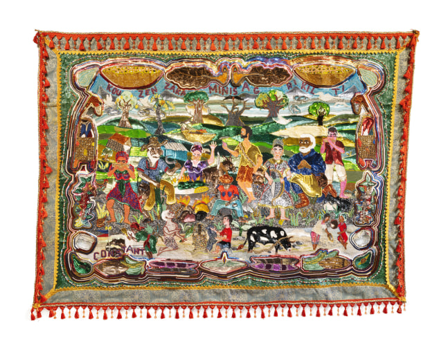 Kouzen Zaka Minis Agrikilti, 2022
Beads, sequins, and tassels on fabric
69 x 95 inches