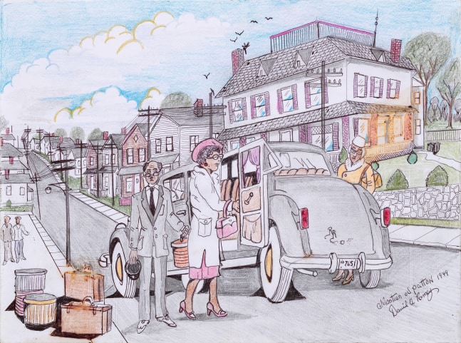 An ink graphite and colored pencil drawing on paper that displays an older man and women entering a gray vehicle.