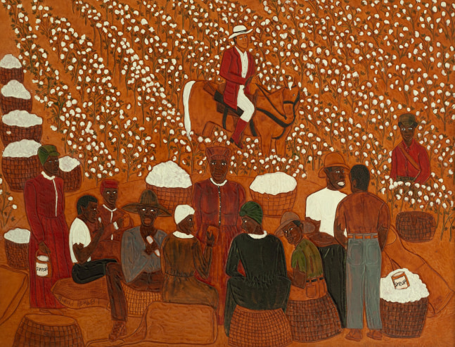 Dinner Time in the Cotton Field, 2001
Acrylic paint on carved and tooled leather
27 x 34.75