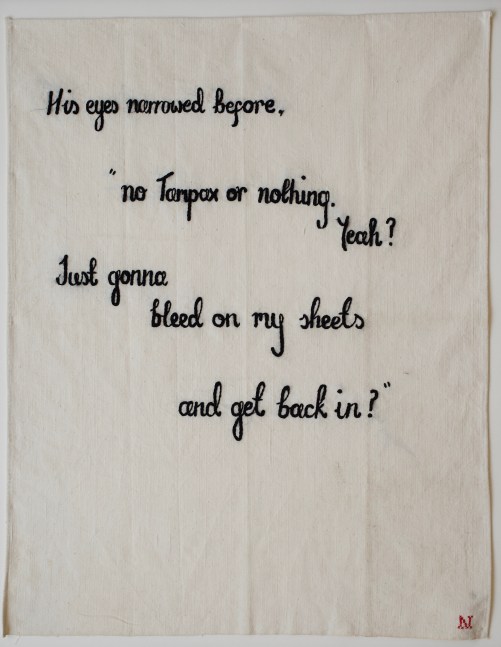 Get Back In, 2018
Embroidery on vintage linen tea towel
29.5&amp;nbsp;x 22.5&amp;nbsp;inches
&amp;nbsp;