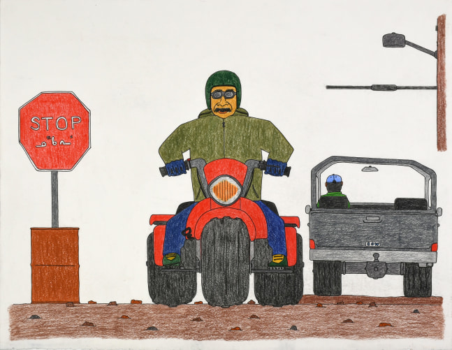 Alasuaq Sharky
Driving with Three Wheels Honda and Truck Two Person, 2023
Colored pencil, and ink, on paper
20 x 26 in&amp;nbsp;