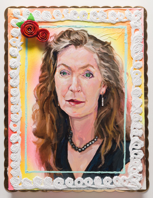 Rebecca Solnit Cake, 2018
Heavy body acrylic, acrylic, airbrush, and ceramic cake roses on panel with gold mirror plex
26 x 20 x 3 inches