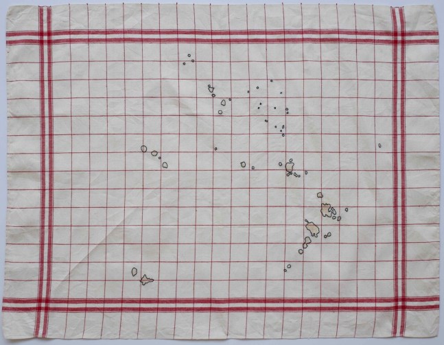 Zo&amp;euml; Buckman
And She Got Back In, 2018
Embroidery on vintage linen tea towels
28.5&amp;nbsp;x 23 inches