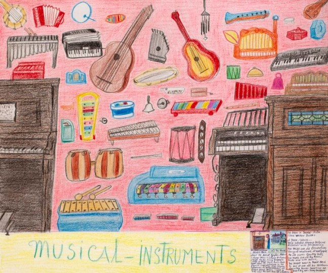 Gayleen Aiken
Musical - instruments, 1995
Colored pencil, ballpoint pen, and crayon on paper
14 x 17 inches