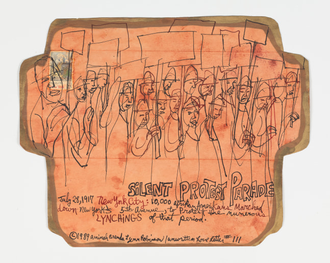 Aminah Brenda Lynn Robinson
Silent Protest Parade
1989
9.5 x 16.5 in.
Pen, ink, and mixed media, on paper envelope