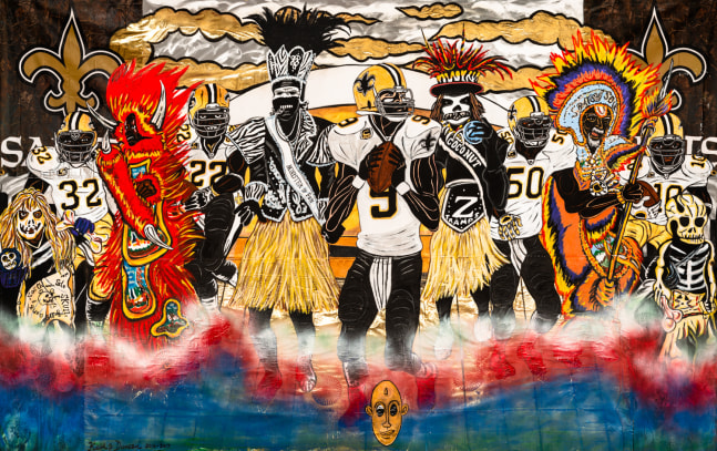 The Black Saints Go Marching In, 2016
Acrylic and marker on unstretched canvas with fabric
90 x 144 inches