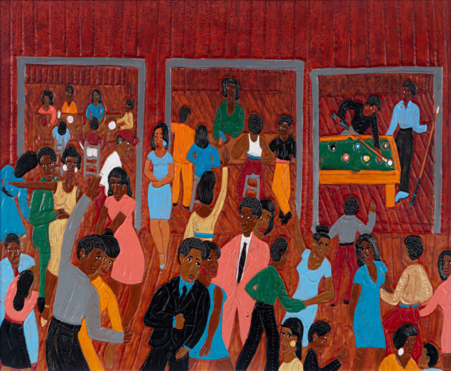 Winfred Rembert
Bubba Duke and Feet's Pool Hall (Winfred Dancing), 2002
Acrylic paint on carved and tooled leather
24.5 × 29.5 in