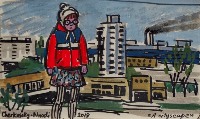 A Cityscape, 2019
Markers and wax crayons on paper
4 x 6.5&amp;nbsp;inches