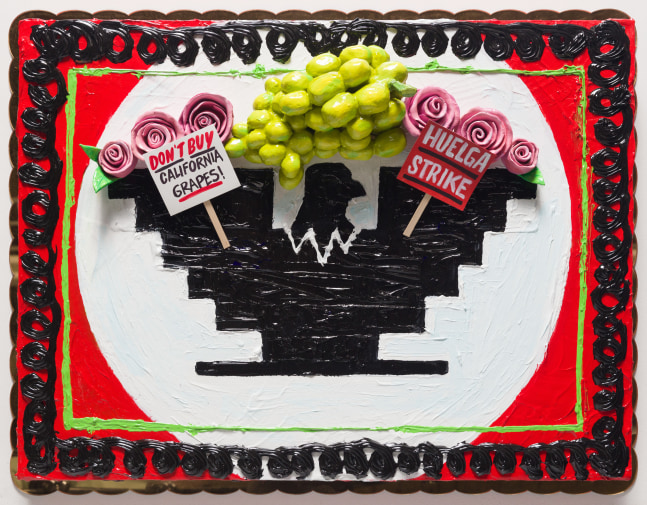 United Farm Workers Cake, 2018
Heavy body acrylic, acrylic, airbrush, and ceramic cake roses on panel with gold mirror plex
20 x 26 x 4 inches